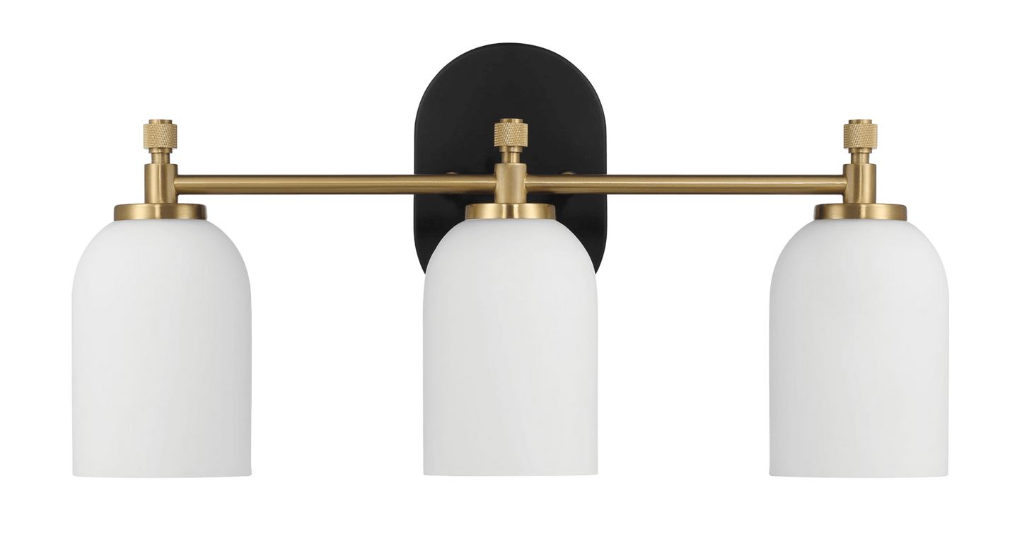 Meadows Three Lights Vanity Brushed Gold Bathroom Wall Light for Bathroom Over Mirror 20.5"W × 10.125"H × 5.5"E with White Frosted Glass